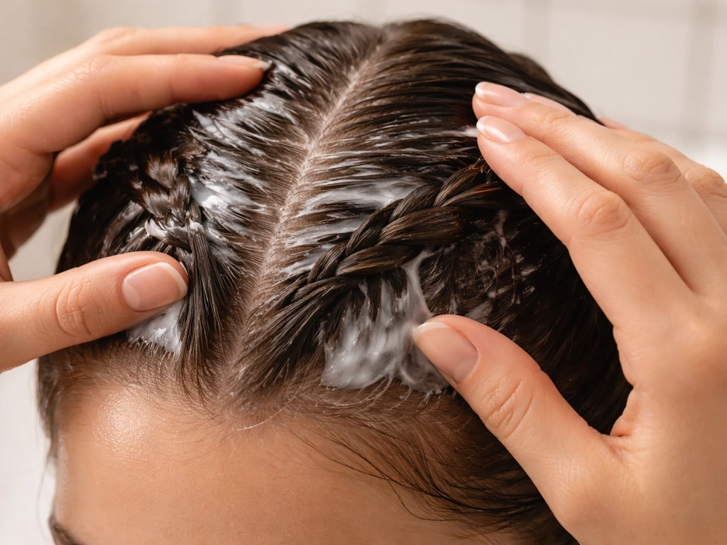 Hands applying creamy conditioner to braided hair and scalp roots, showing moisture treatment coating.