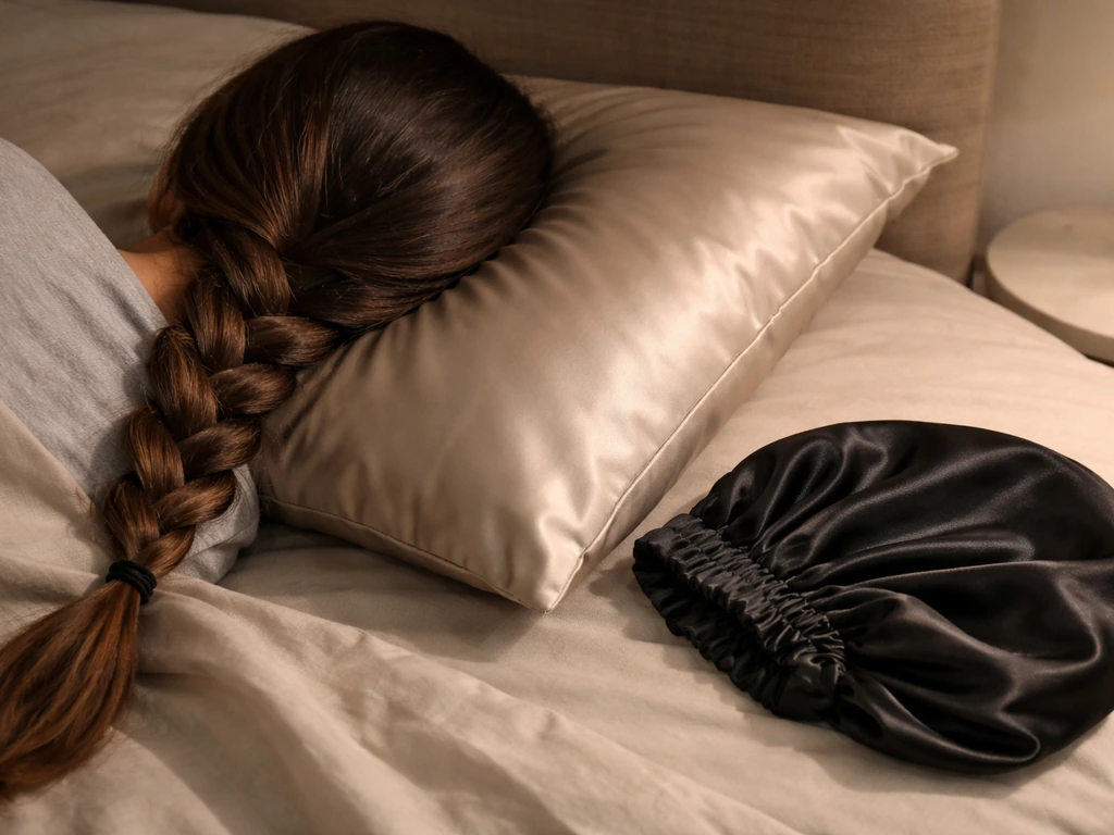 Braided hair resting on a satin pillowcase with a satin bonnet nearby in a quiet bedroom at night.