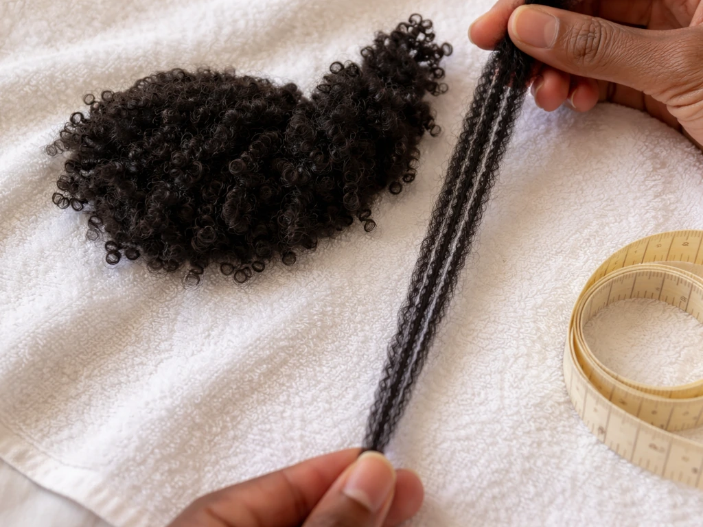 Close-up of coily hair section stretched on a white towel with a simple tape measure for length tracking.