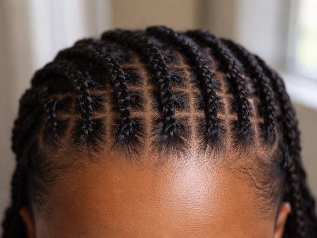 Close-up of neatly installed braids/twists with tucked ends and a clear view of the hairline parts.