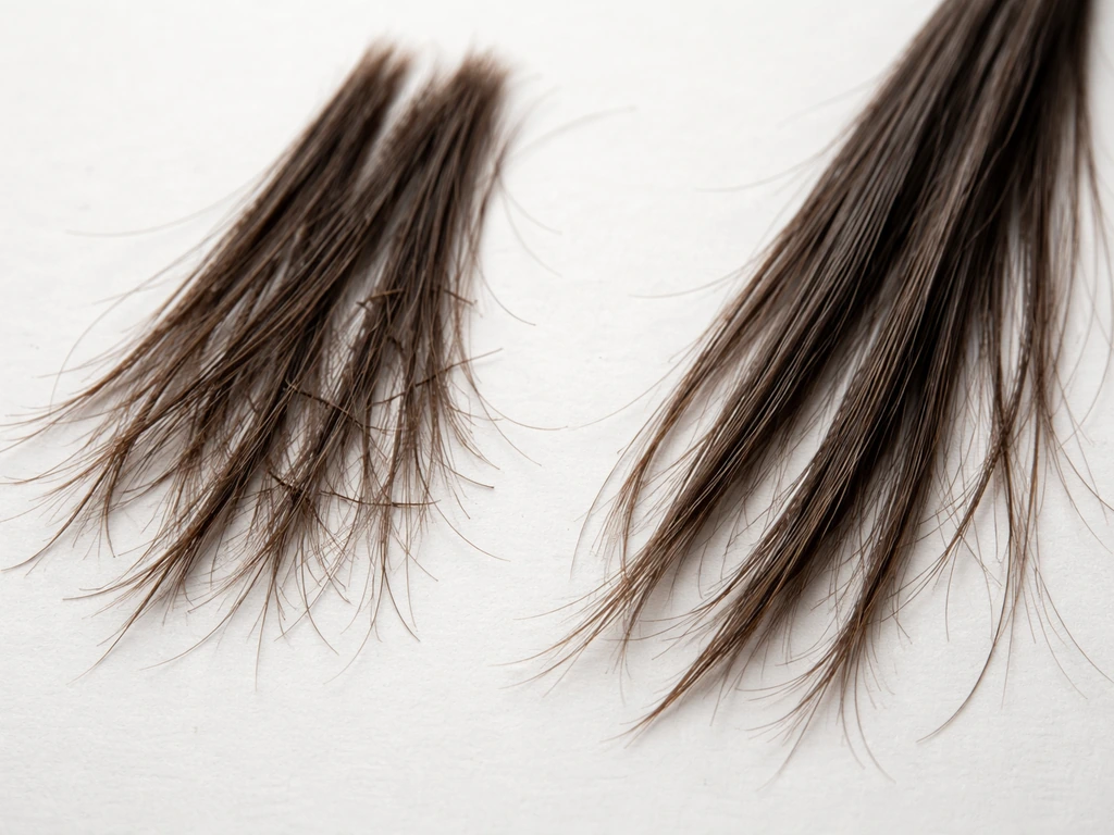 Close-up of hair strands showing mid-shaft breakage with many short fragments compared to longer ends.