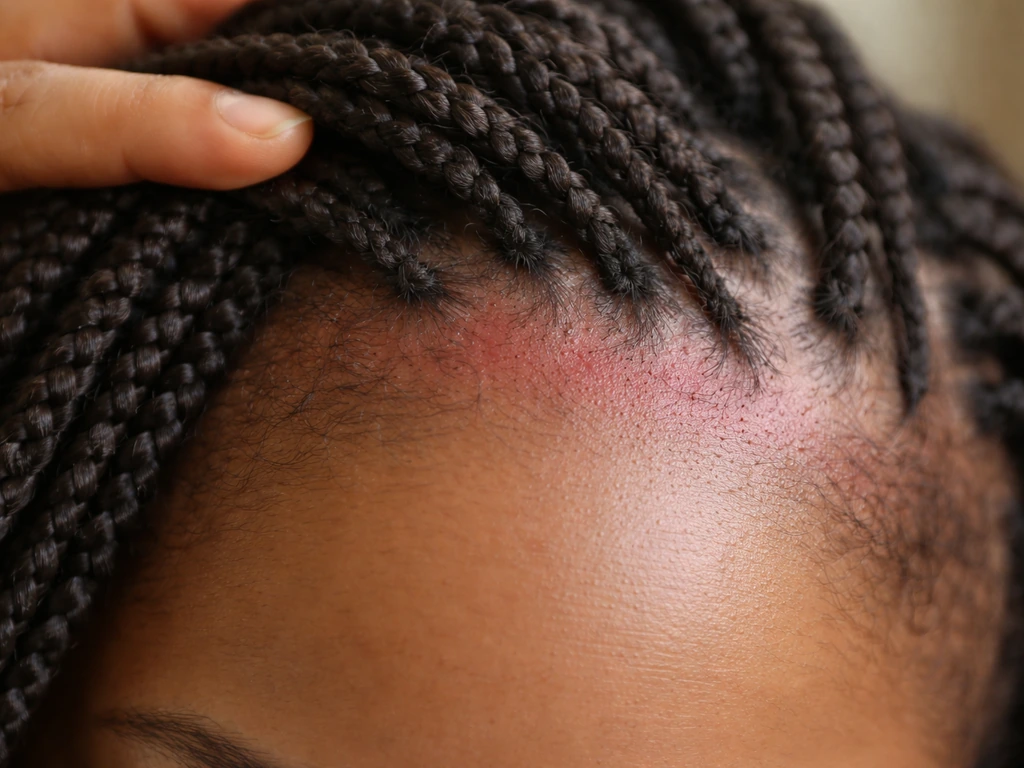 Close-up of scalp redness near box braid roots, showing traction irritation without graphic injury.