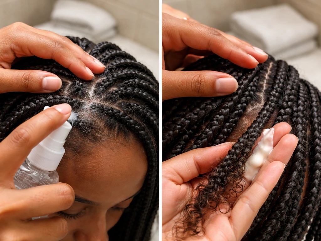 Hand applying diluted shampoo to scalp along braids, then gently moisturizing hair ends