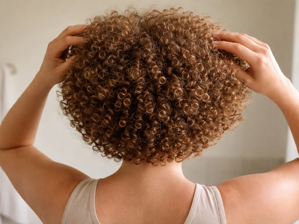 Non-Black person gently fluffing naturally curly hair into a rounded afro-like shape.