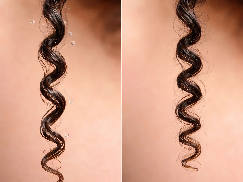Close-up macro of a single curly hair strand showing wet longer coil versus dry shorter shrinkage.