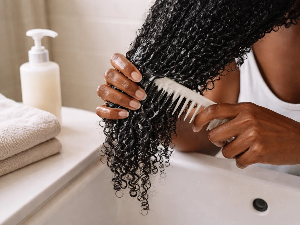 Hands applying conditioner with a wide-tooth comb on coily hair over a towel in a bright bathroom