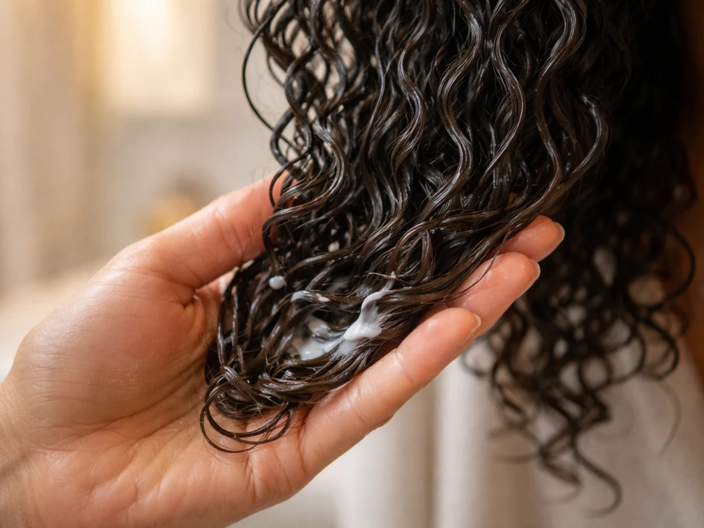 Hand smooths leave-in cream into damp curls, then seals with oil/butter on the ends.