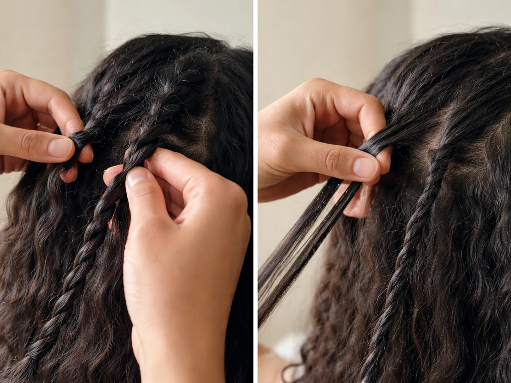 Person’s hands gently parting hair into low-tension twists, with loose strands suggesting breakage risk