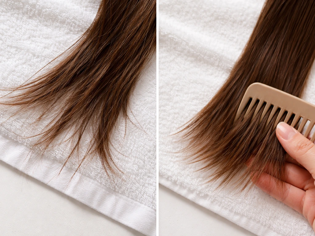 Split view of hair ends showing breakage on one side and healthier ends after gentler detangling.