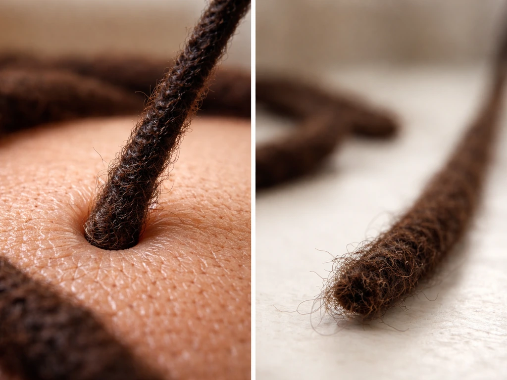 Macro view comparing scalp follicle area with hair tip lengthening, showing growth starts at the roots.