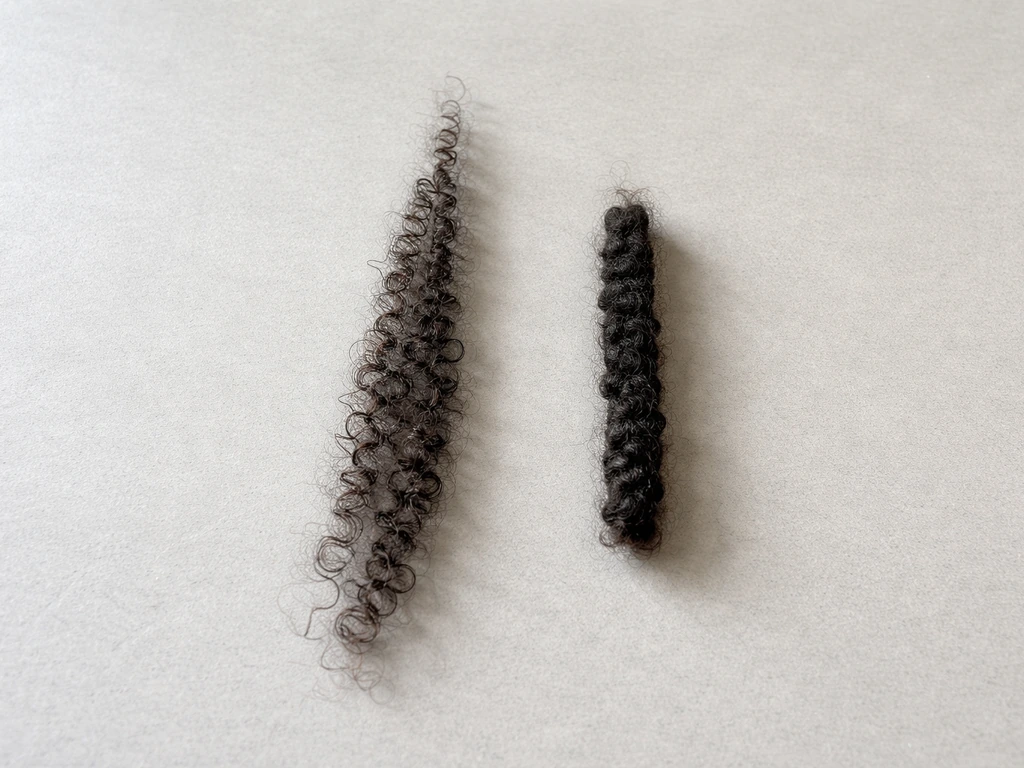 Side-by-side lengths of textured coily hair showing shorter length after being interlocked into locs.