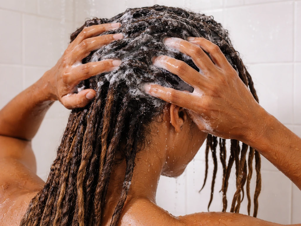 Person washing locs with gentle scalp massage, lather around roots in a clean, bright bathroom setting.