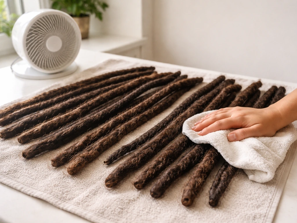 Separated dreadlocks being air-dried with a towel blotting setup and gentle airflow