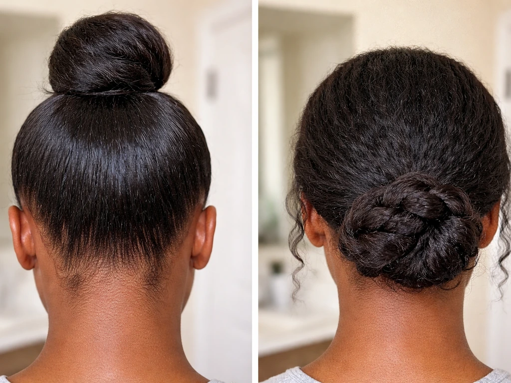 Split-screen style photo showing a tight bun pulling edges versus a loose protective braid near the hairline