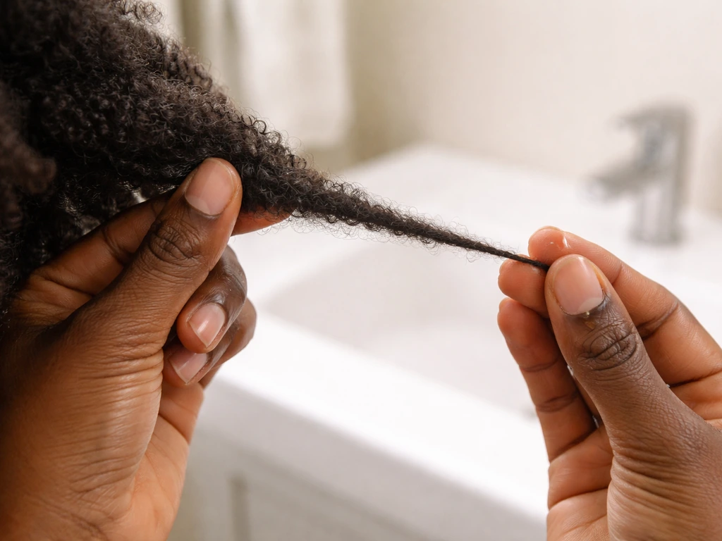 Person’s hands holding a small section of textured hair near a bathroom sink, showing healthy length retention.