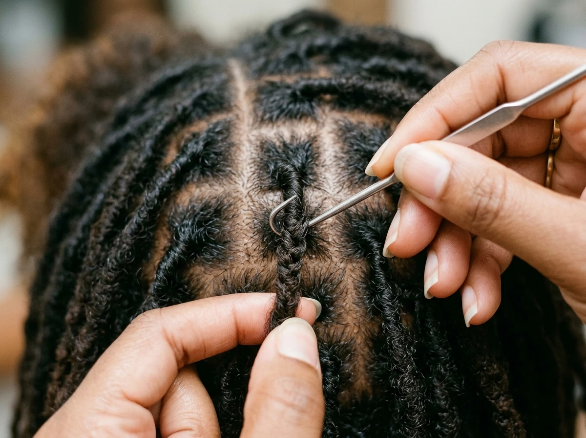 Interlocking a dreadlock with a small tool near the roots