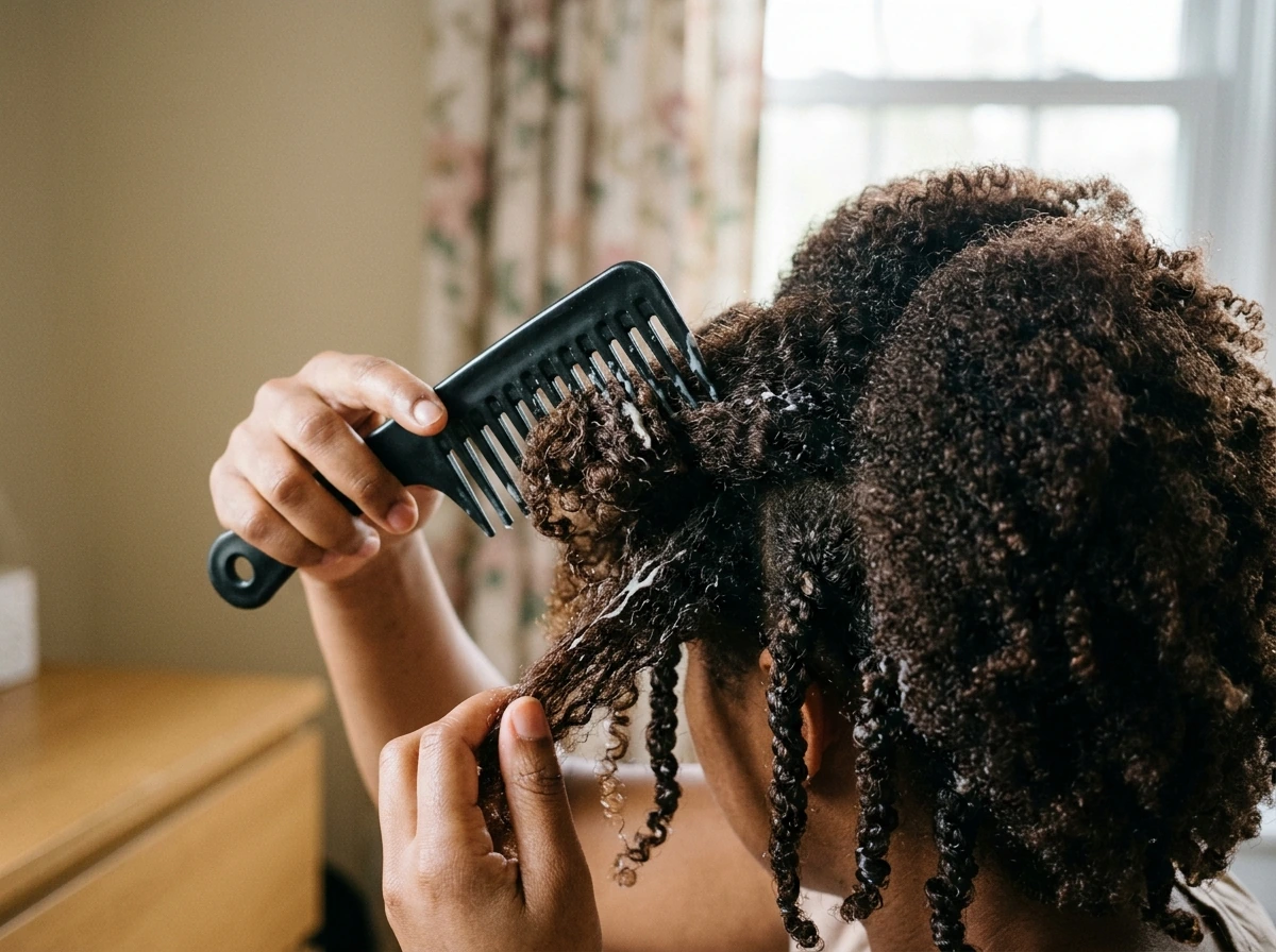 Wide-tooth comb and leave-in conditioner detangling before braiding
