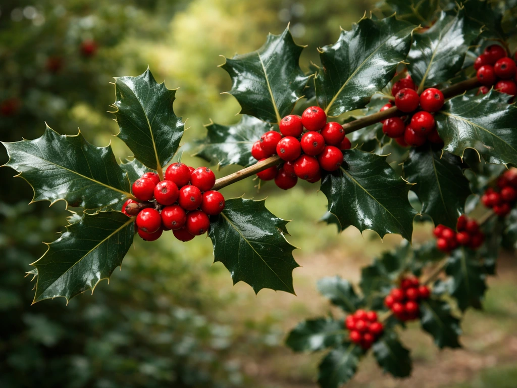 Close-up of a holly shrub branch with bright red berries and glossy green leaves
