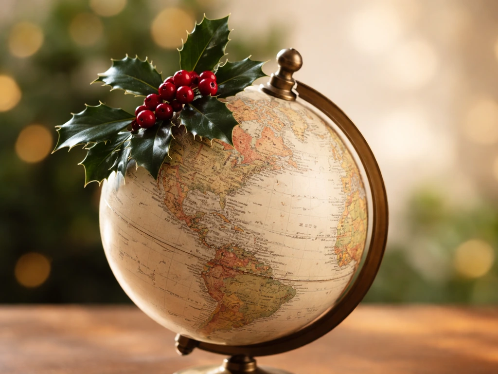 Globe on a table with holly berries in the foreground, suggesting holly’s wild regions.