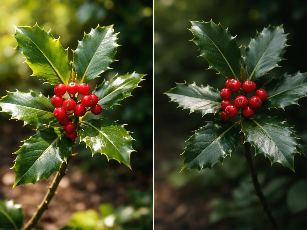 Close-up holly leaves with bright sunlit berries beside darker partial-shade berries