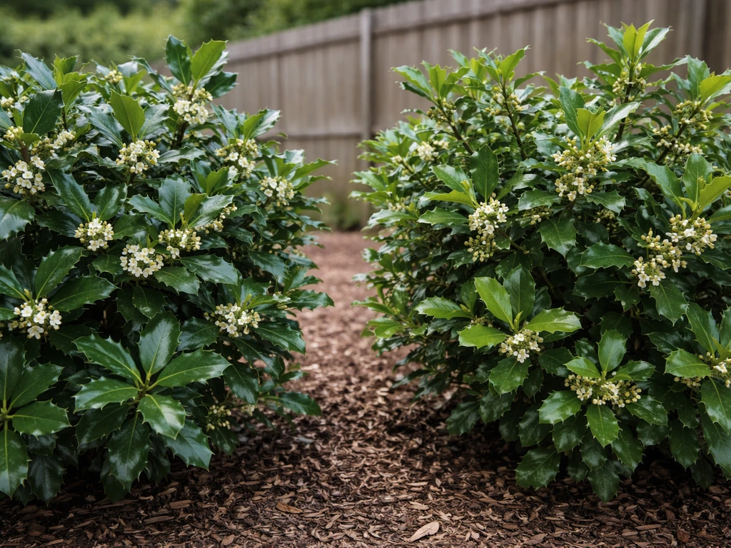 Two holly shrubs (male near female) in a yard planting outdoors, posed side by side for pollination.