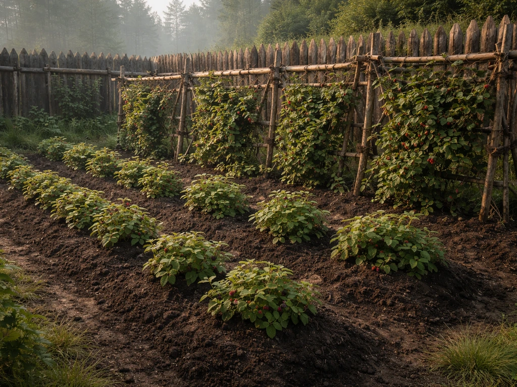 Valheim-style berry farm plot with vineberry clusters climbing wooden trellises.