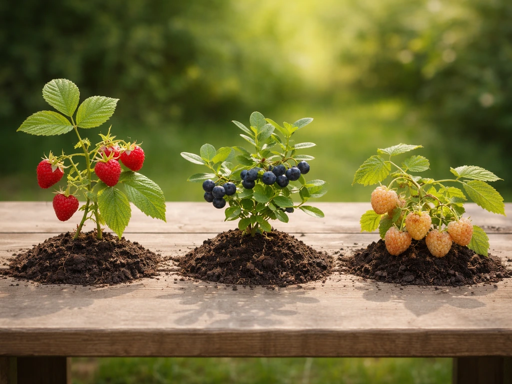 Three sprigs of raspberries, blueberries, and pale vineberries on a wooden table, side-by-side.