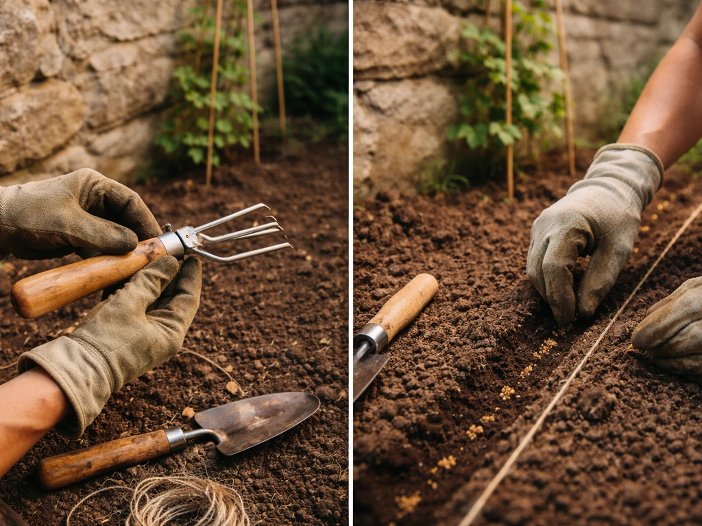 Gloved hands using a small cultivator and planting vineberry seeds in prepared soil by a stone wall.