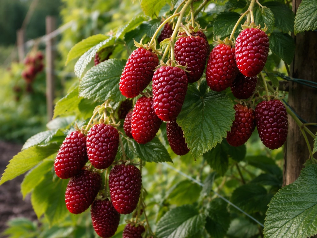 Close-up of ripe loganberries on trailing canes in a cool-temperate garden with green foliage.