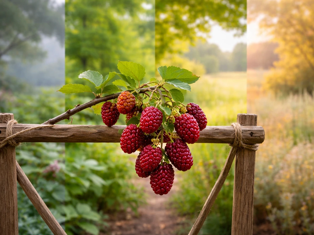 Ripe loganberries on a trellis with softly transitioning backgrounds representing cooler to warmer climates.