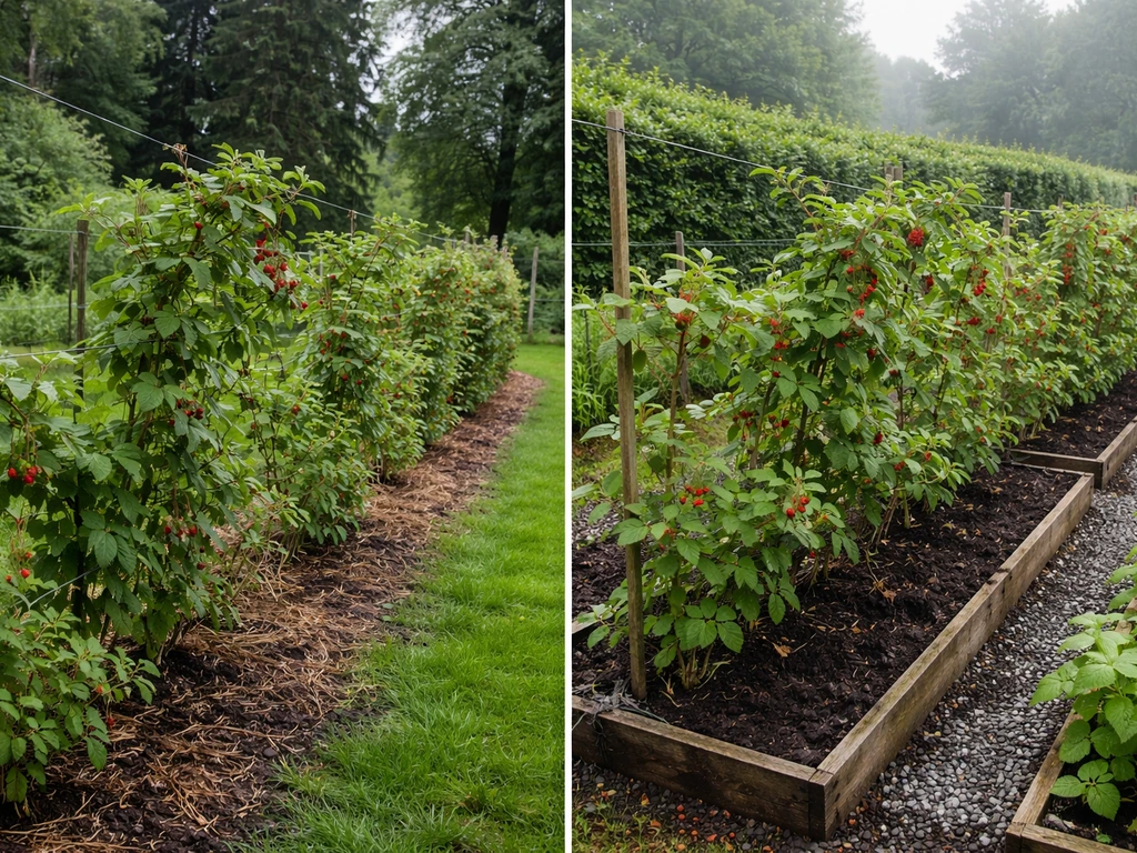 Two-panel style photo: loganberry canes in Pacific Northwest garden rows and UK-style hedgerow patch in cool climate.