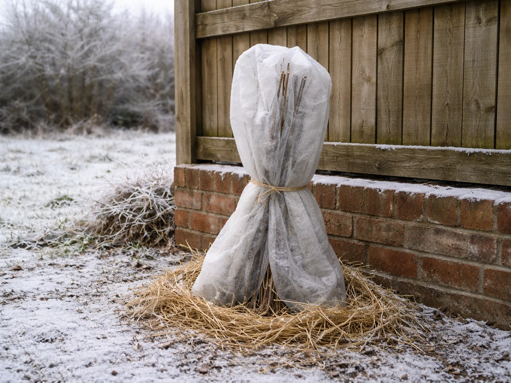 Overwintered loganberry canes tied and covered with straw and horticultural fleece beside a sheltered fence in winter.