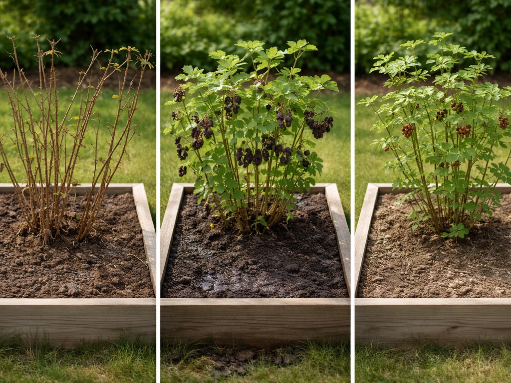 Three garden conditions showing loganberry trouble: dead canes, rotting berries in wet soil, and dull small fruit from l