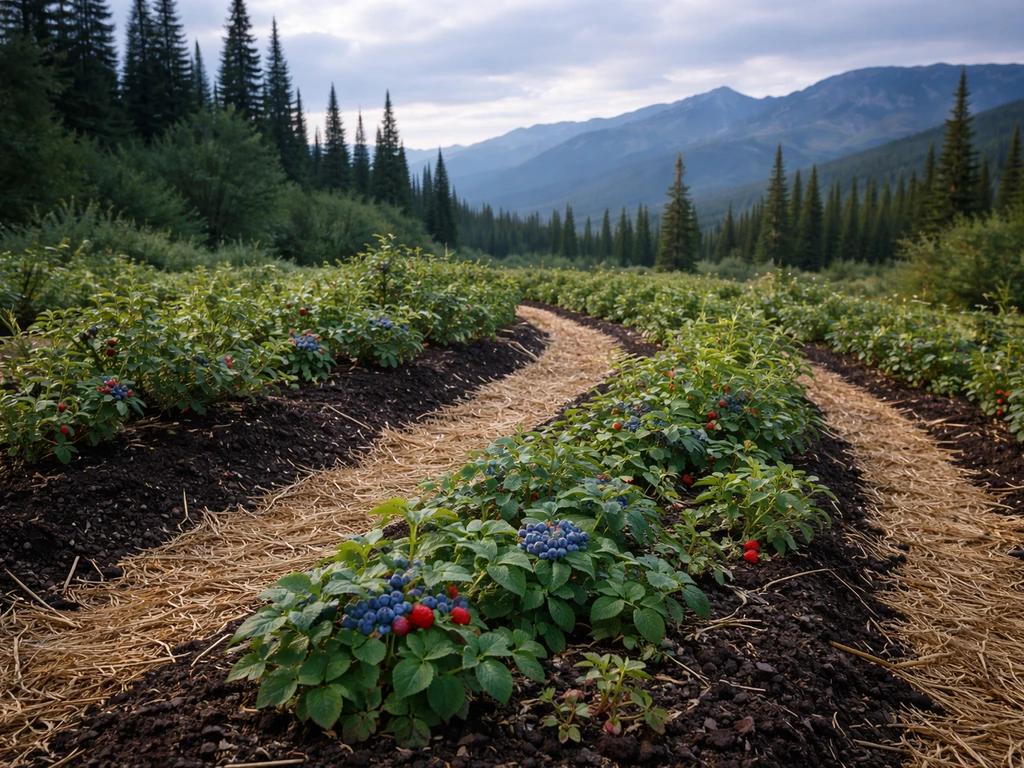 Wide view of an Alaska berry garden bed with lush shrubs and rugged mountains in the background