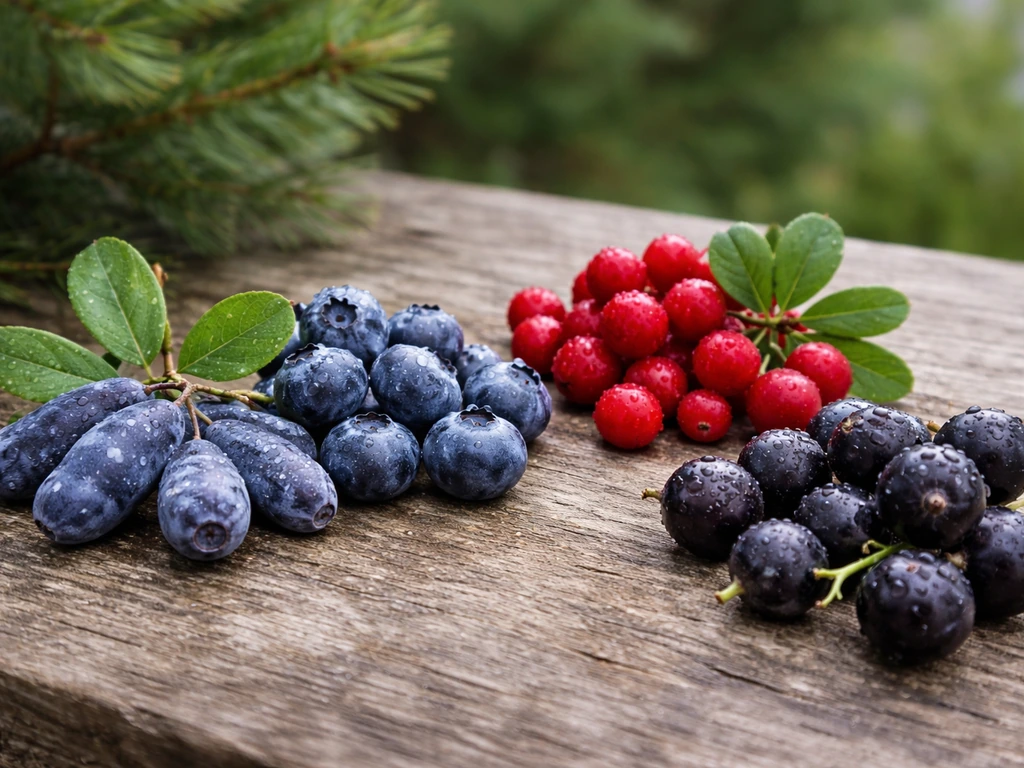 Haskap, blueberries, lingonberries, and currants arranged with fresh texture in soft natural light.