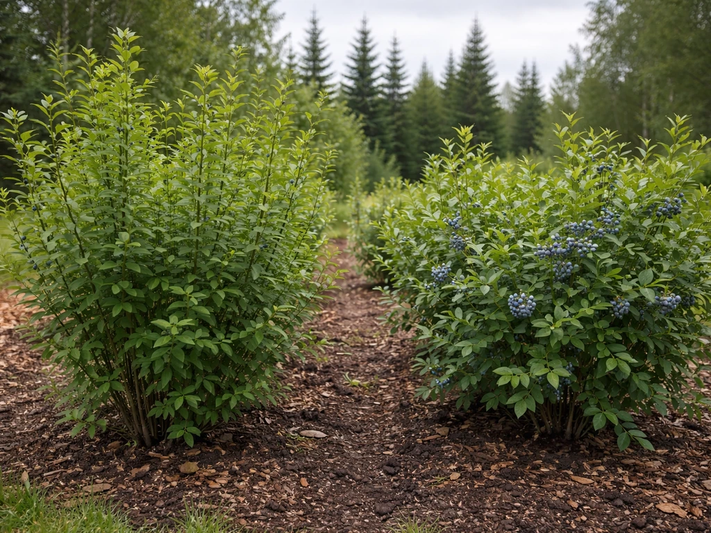 Side-by-side upright haskap and cultivated blueberry bushes in a simple Alaska garden.