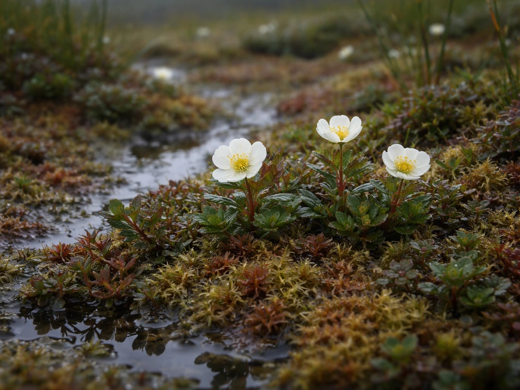 Wet sphagnum bog with low creeping plants and small white cloudberry flowers above the moss.