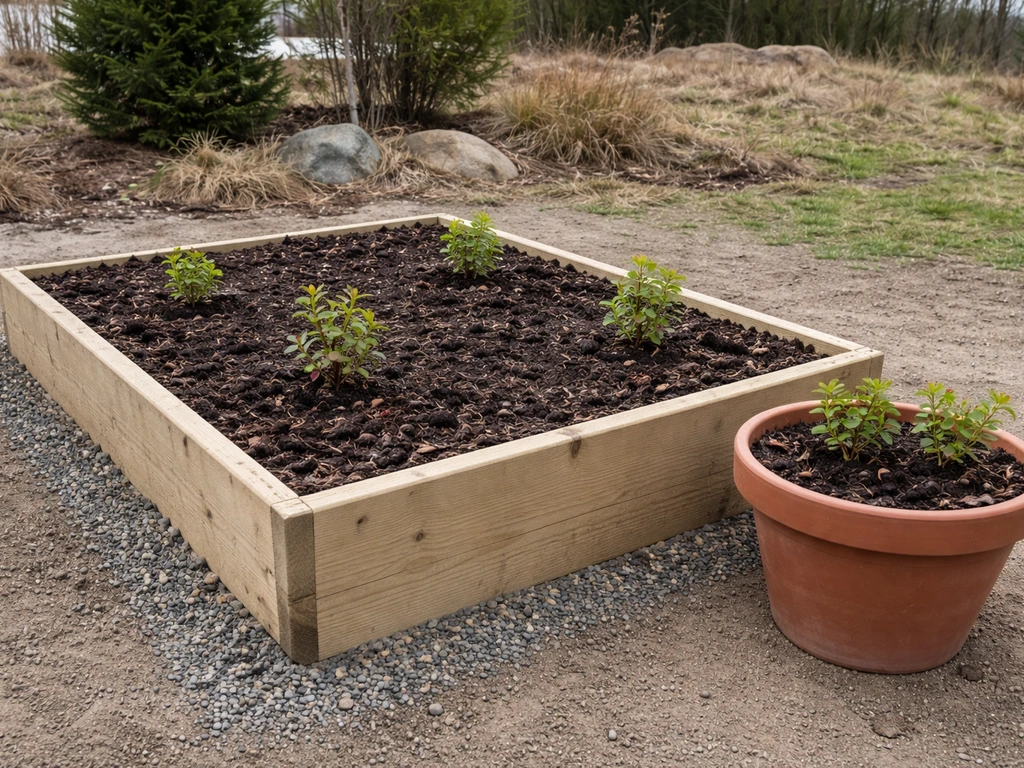 Raised berry bed with acidic soil mix and a nearby planter for Alaska-style gardening