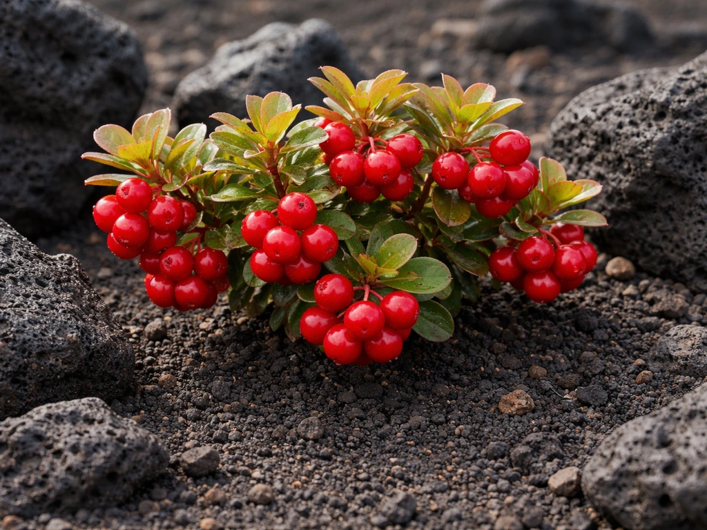 Bright ohelo-like lava berries growing in basalt soil beside dark volcanic rocks and cindery ground.