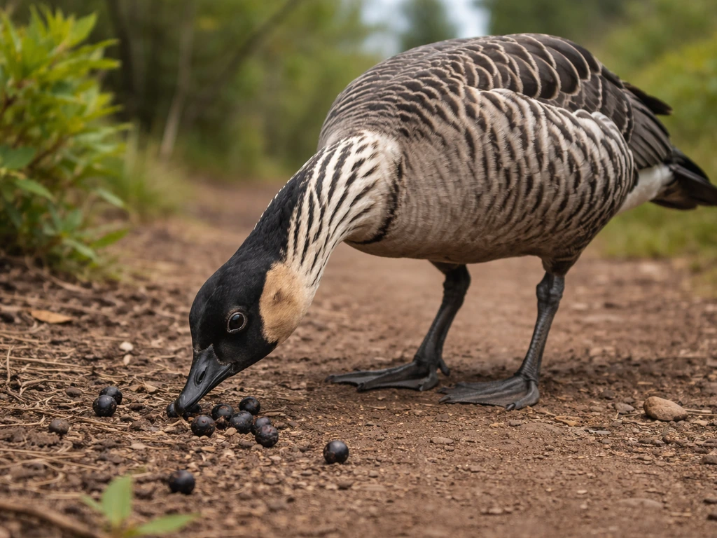 A nēnē Hawaiian goose foraging and pecking berries on a natural island ground.