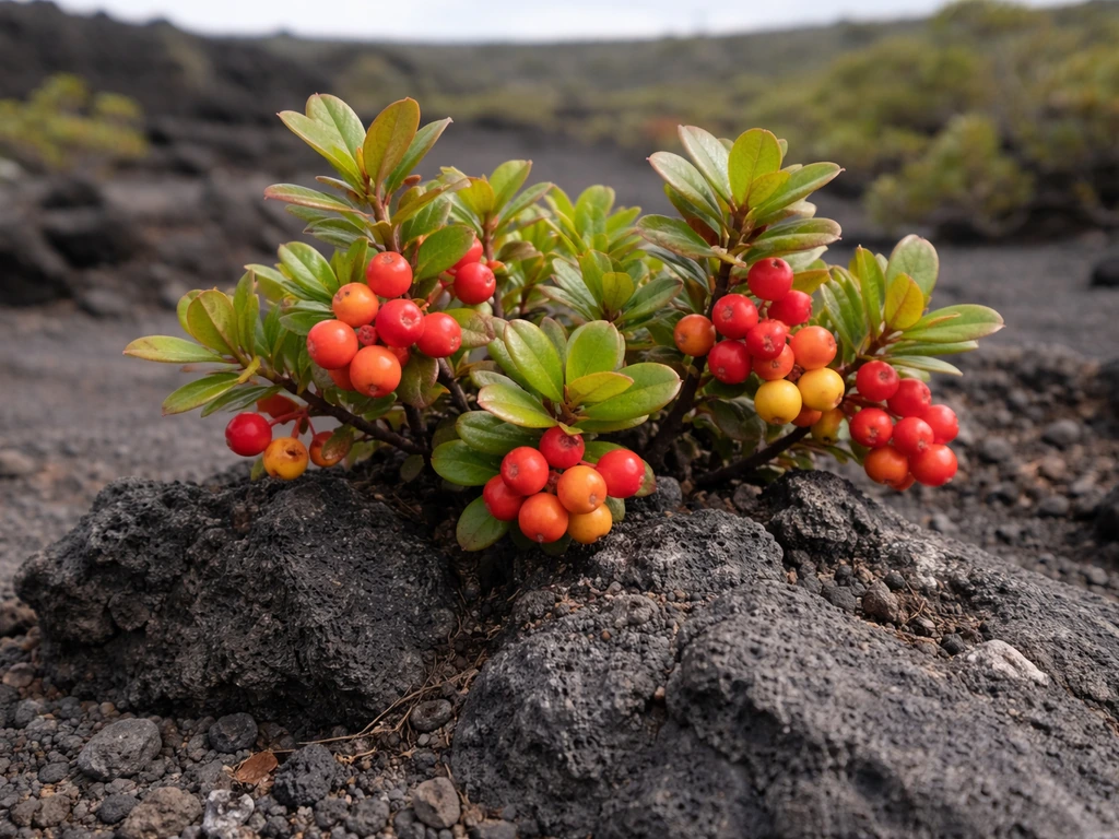 Close-up of an ʻōhelo plant with red-to-yellow berries growing in dark volcanic rock.