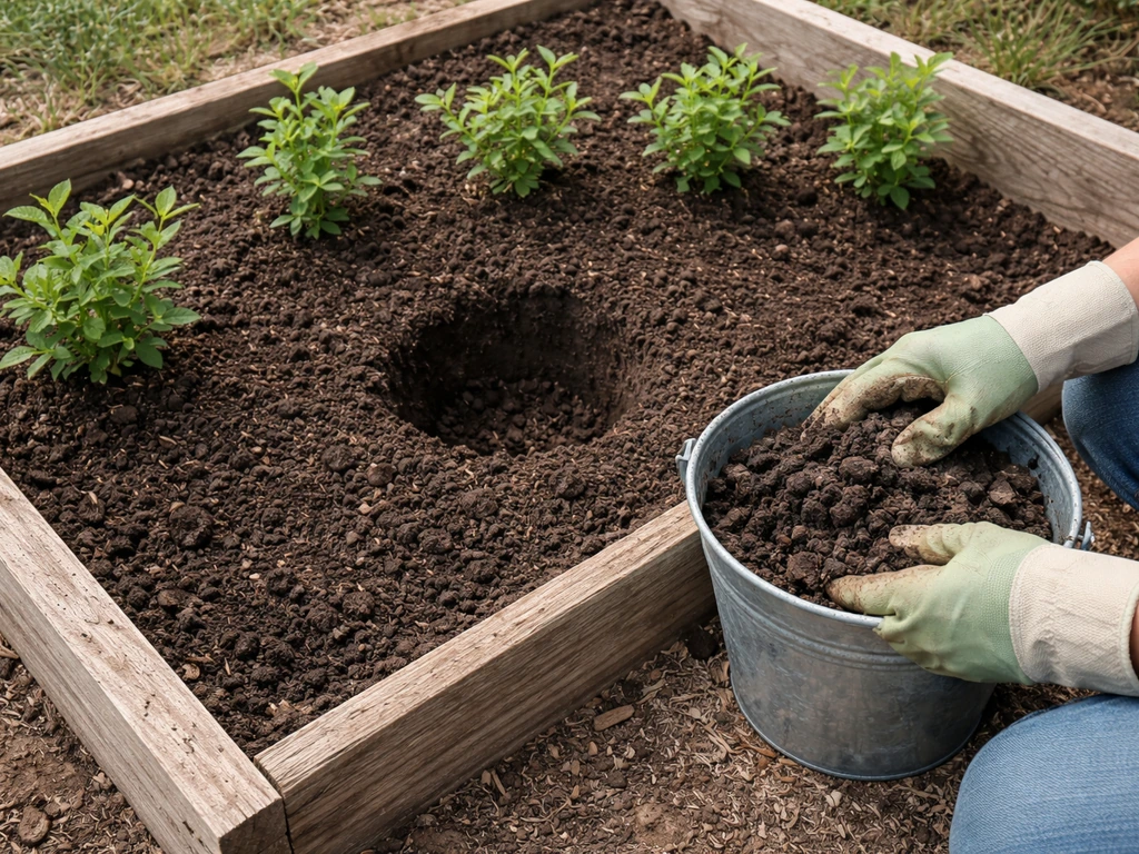 Gardener’s hands mixing acidic compost in a raised bed near a planting hole with berry plants