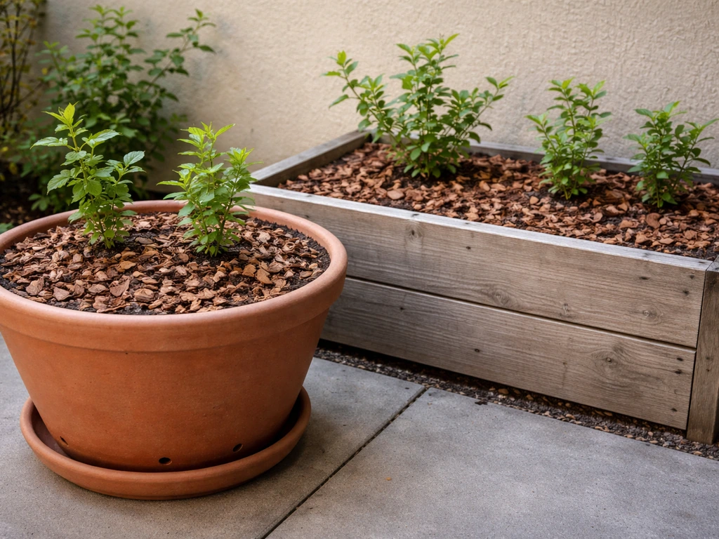 Large container and raised planter with acidic potting mix, mulch topping, and berry shrubs on a patio