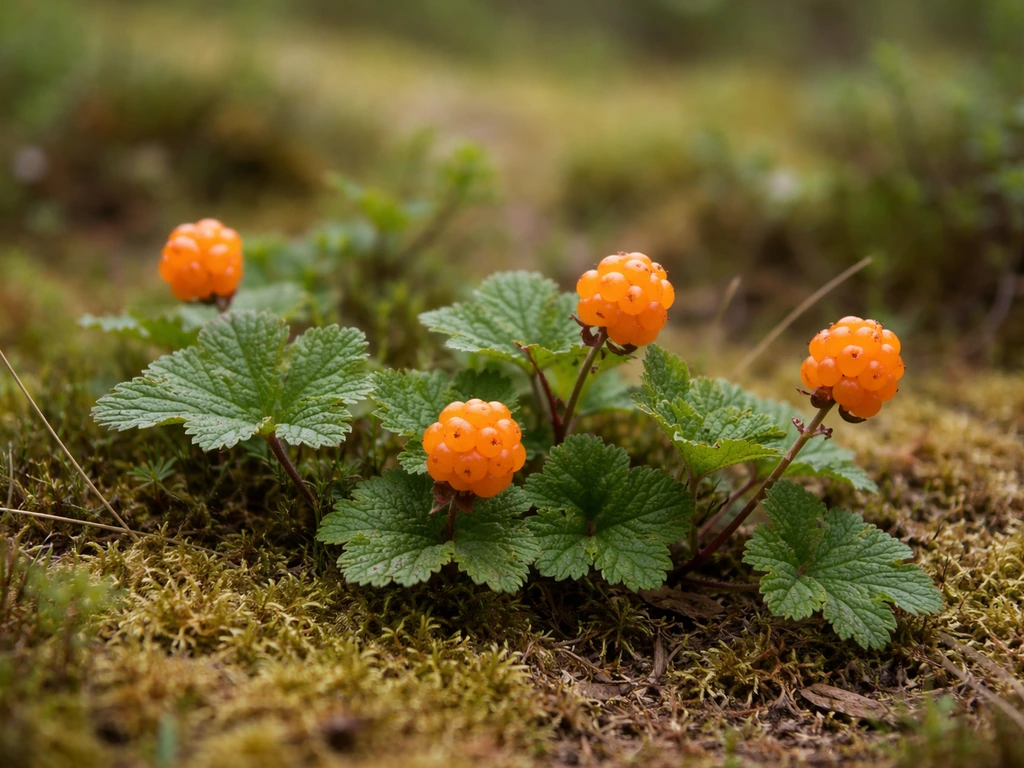 Close-up of a low-growing cloudberry plant with orange berries and rose-like leaves on mossy ground