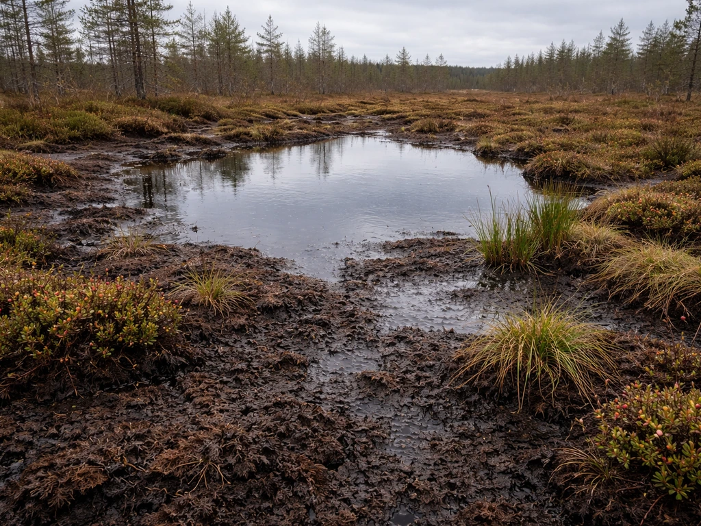 Northern wet peatland with cloudy ground, peat moss, and small bog plants beside a bog pool