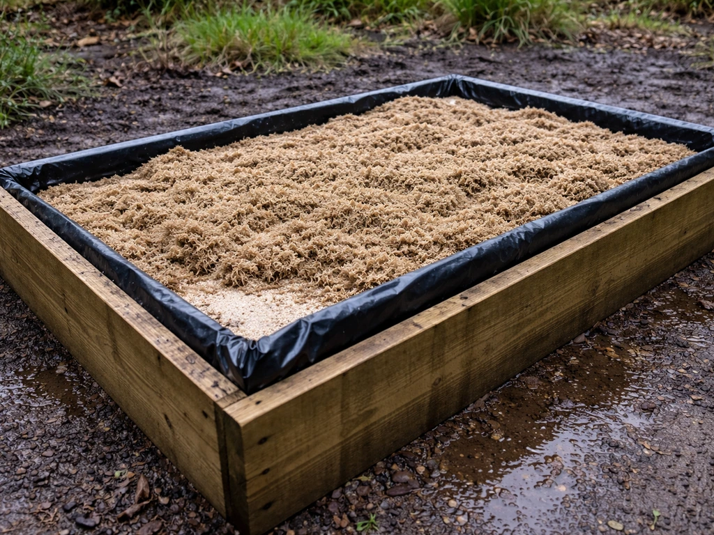 Raised bog bed with lined frame filled with Sphagnum peat and washed sand in a wet garden setting.