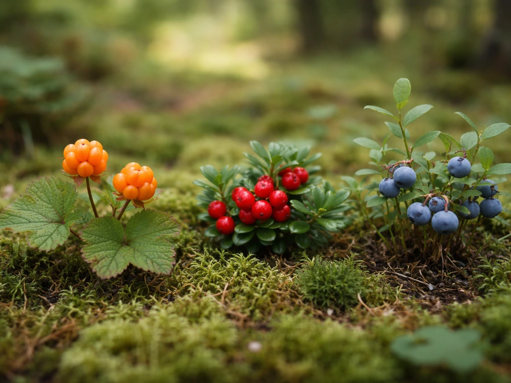 Cloudberry, lingonberry, and bog blueberry plants with berries in separate small rows on mossy forest floor