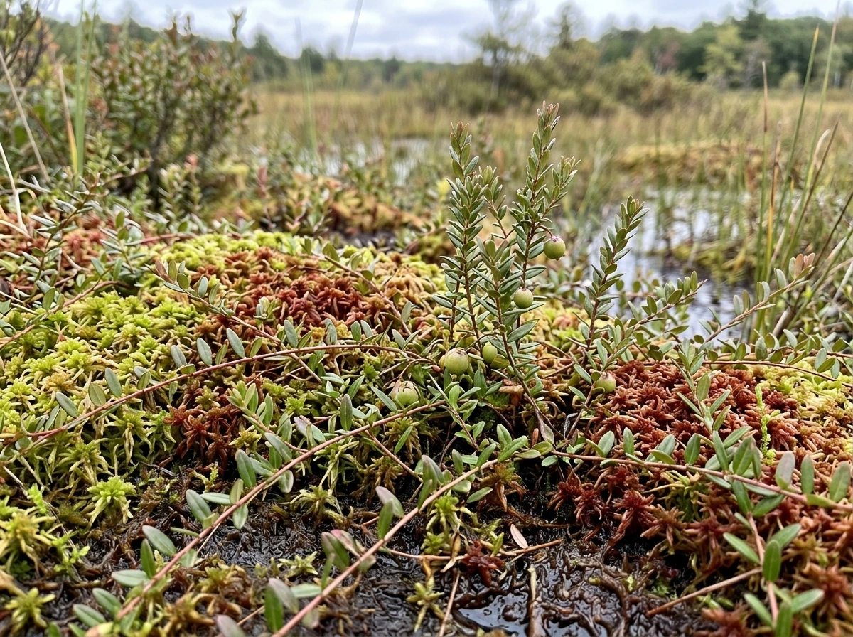 Wild cranberries creeping through sphagnum peat in a wet bog habitat