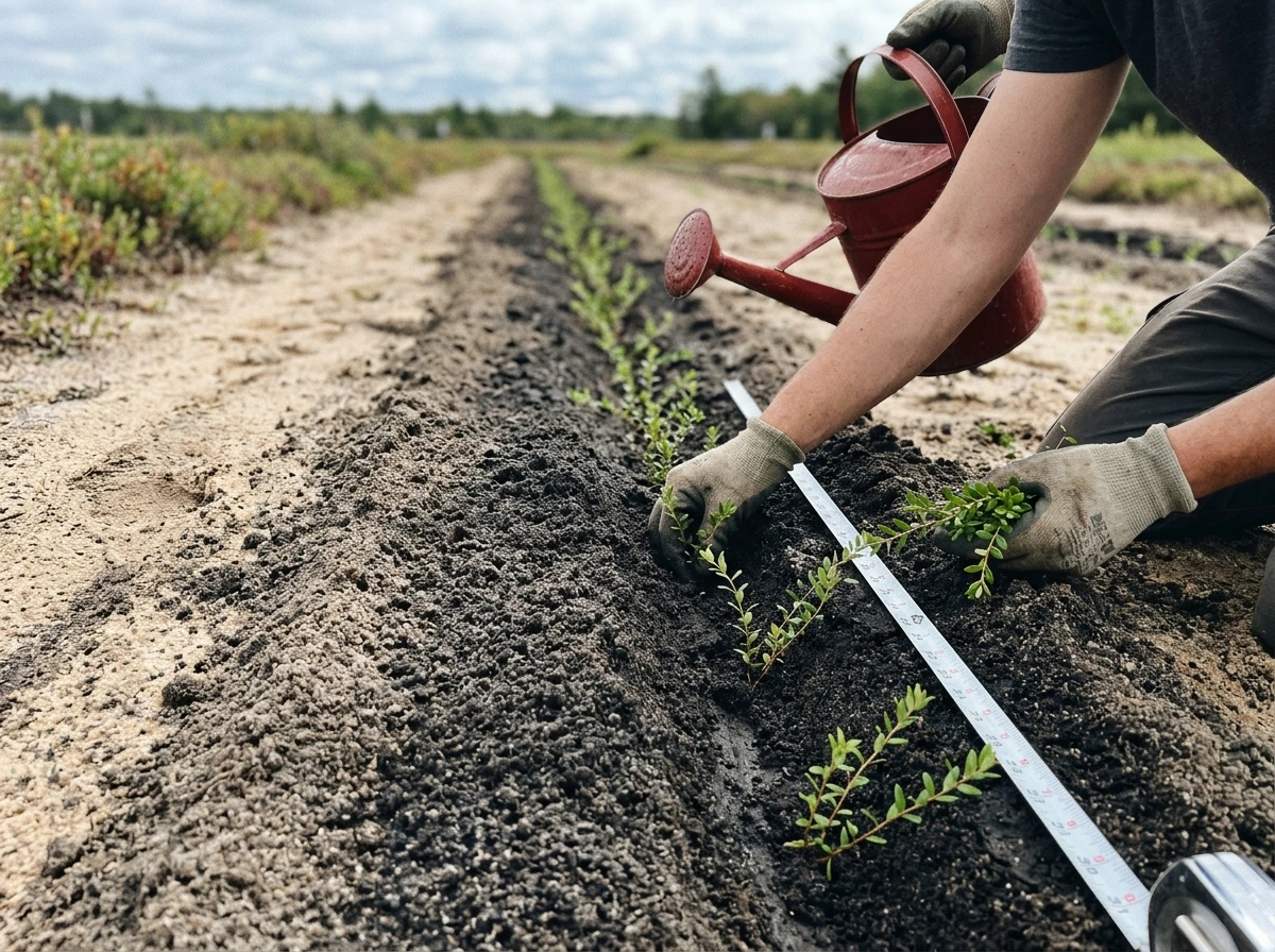 Planting cranberry cuttings into a moist sand-and-peat bed