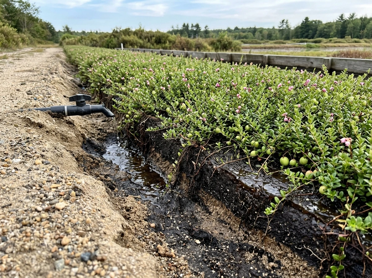Cranberry bed water management showing shallow wet root zone and sand-peat medium